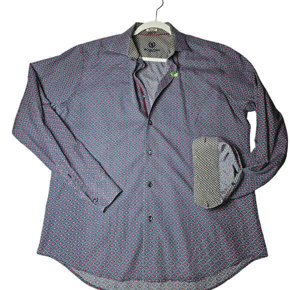 Bugatchi Mini Print Collared Button Up Blue Red Contrast Cuffs 100% Cotton - Picture 4 of 16